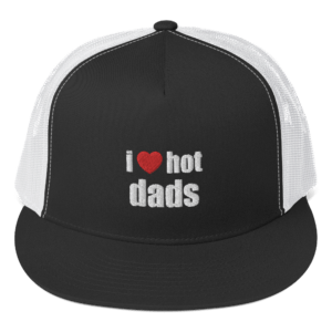 i heart hot dads trucker hat with red heart and white text