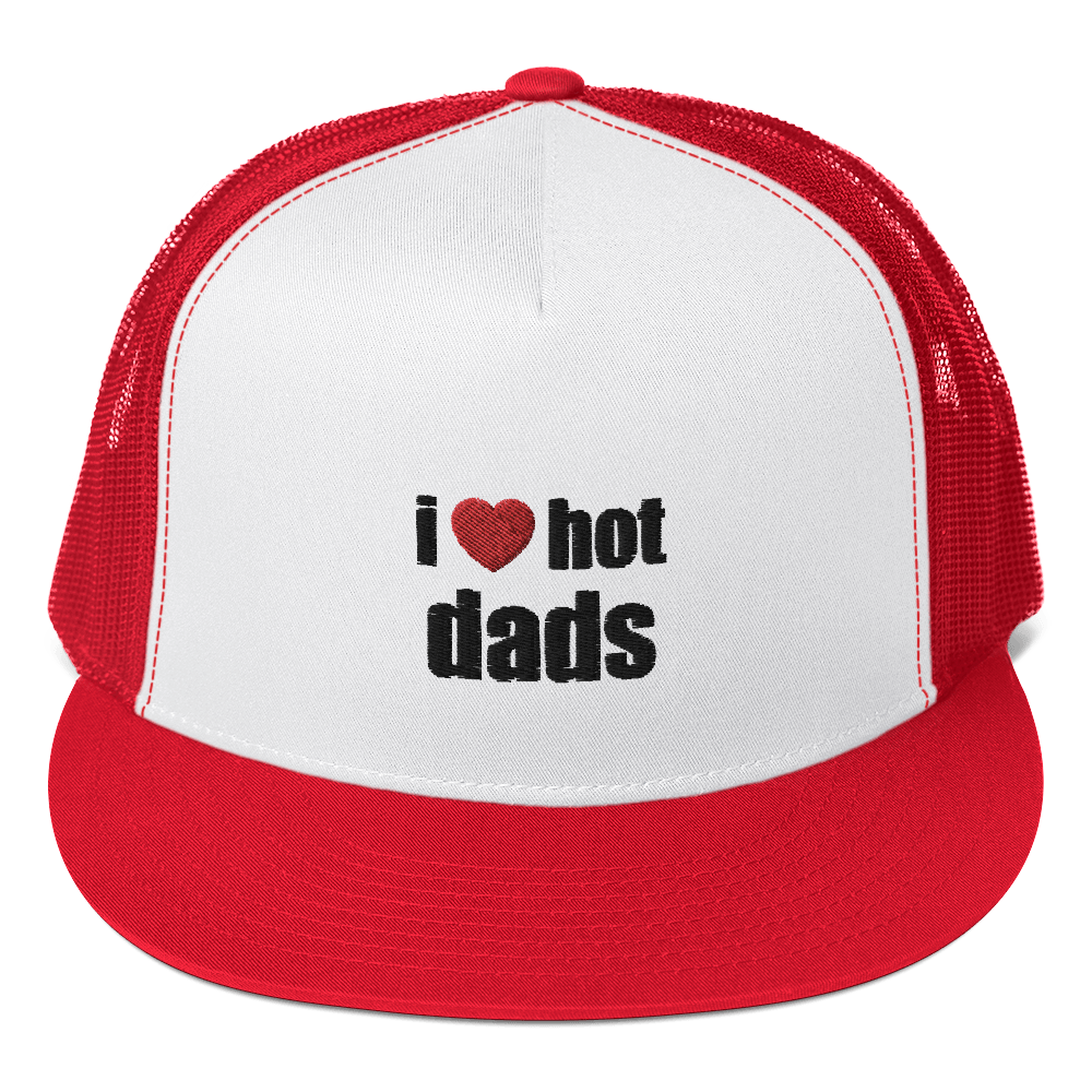 i heart hot dads trucker hat with red heart and black text