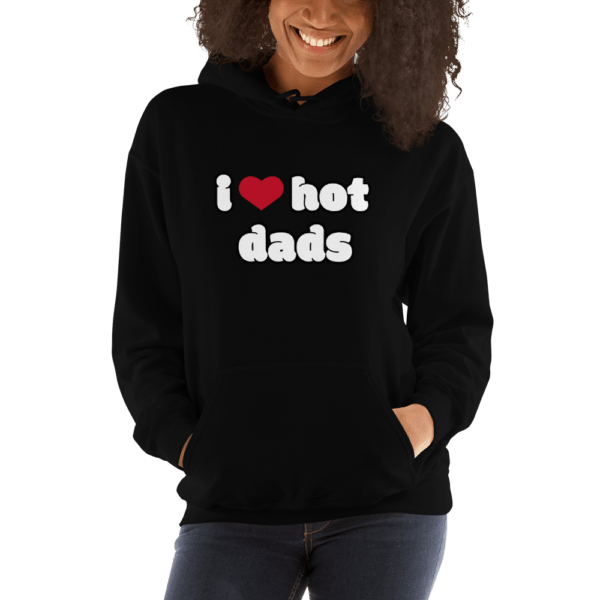 woman in i heart hot dads black hoodie with red heart
