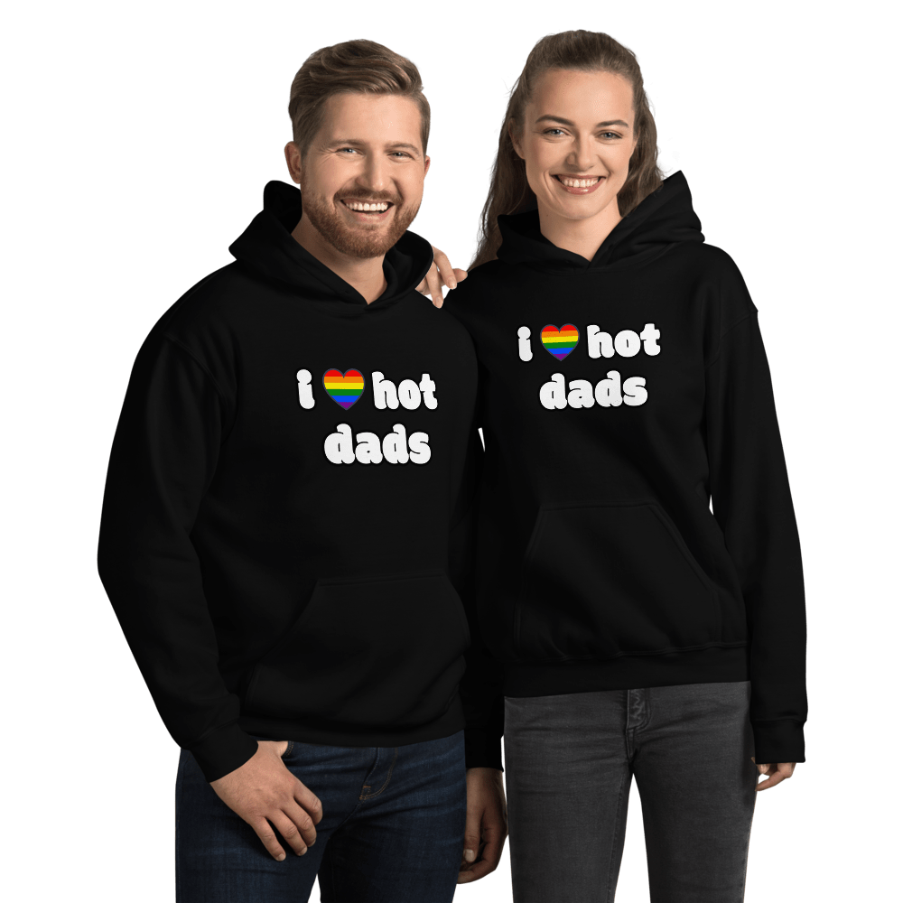 couple man and woman in i love hot dads black hoodie with rainbow gay pride heart