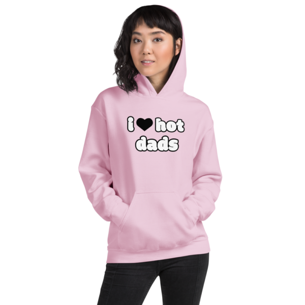 woman in i heart hot dads pink hoodie with black heart