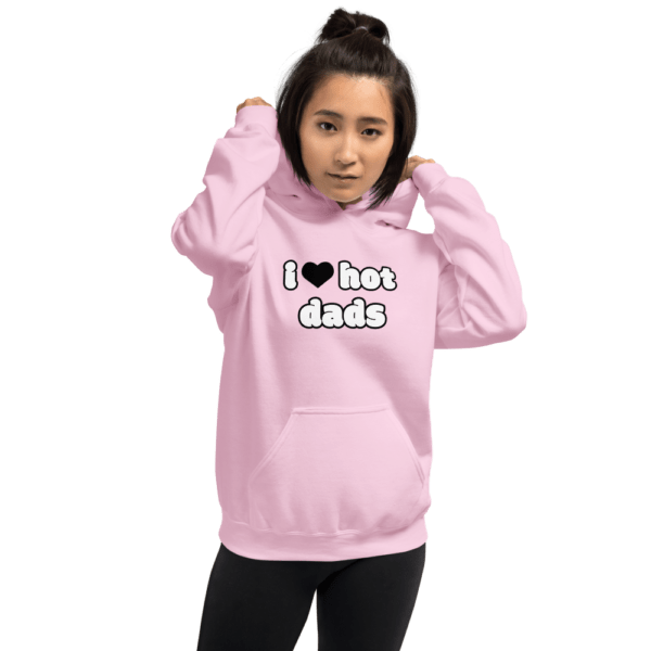 woman in i heart hot dads pink hoodie with black heart