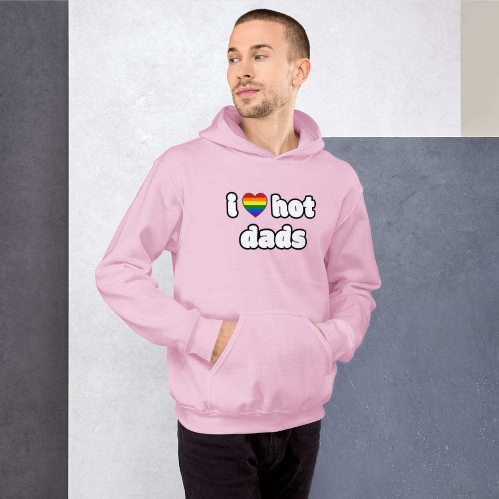 man in i love hot dads pink hoodie with rainbow gay pride heart