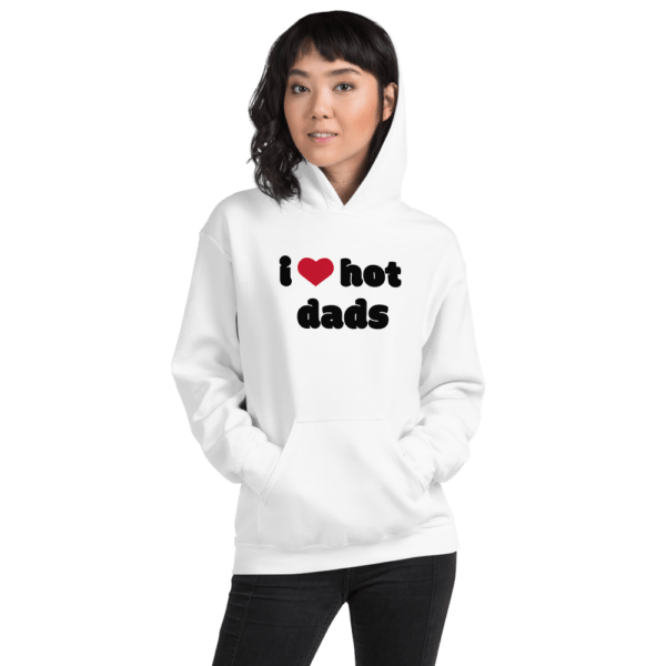 woman in i heart hot dads white hoodie with red heart