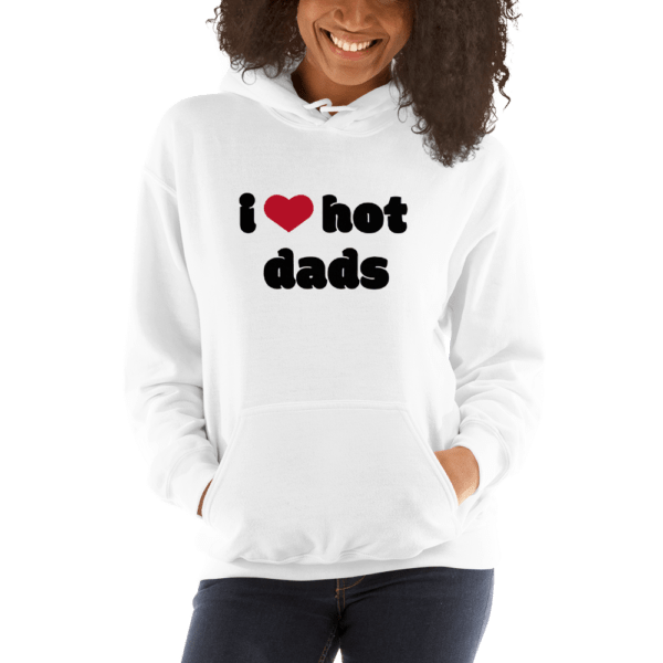 woman in i heart hot dads white hoodie with red heart