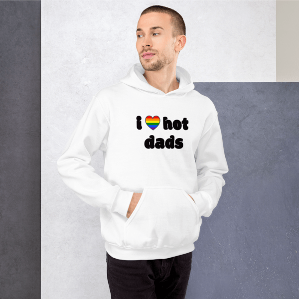 man in i love hot dads white hoodie with rainbow gay pride heart