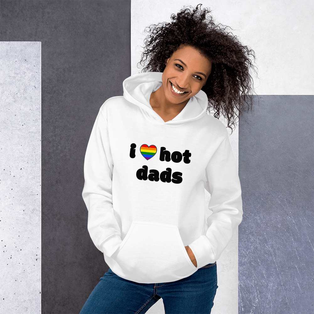 woman in i love hot dads white hoodie with rainbow gay pride heart