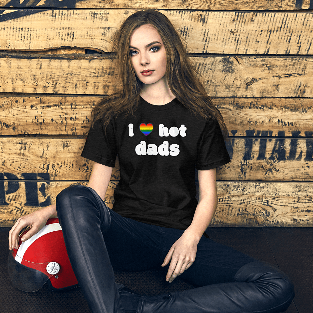 woman in i love hot dads black rainbow heart tshirt