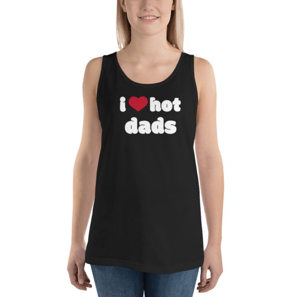 i love hot dads tank top black with red heart and white text