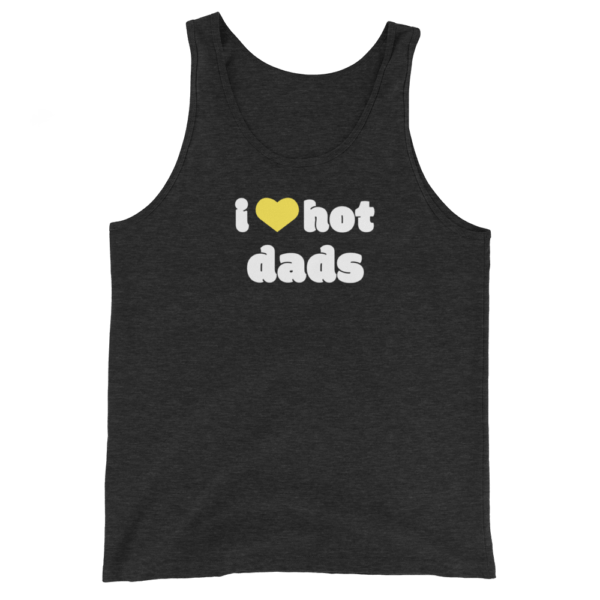 i love hot dads tank top black with yellow heart and white text