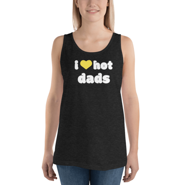 woman in i love hot dads tank top black with yellow heart and white text