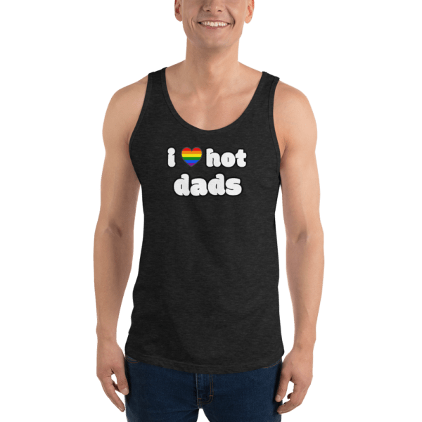 man in i love hot dads black tank top with rainbow pride month heart