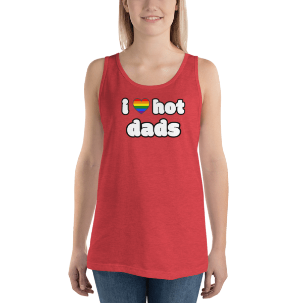 woman in i love hot dads red tank top with rainbow pride month heart